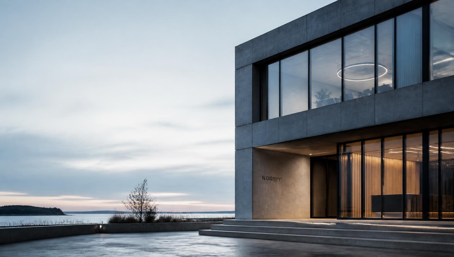 Minimal concrete and glass office building in Nordic dusk light
